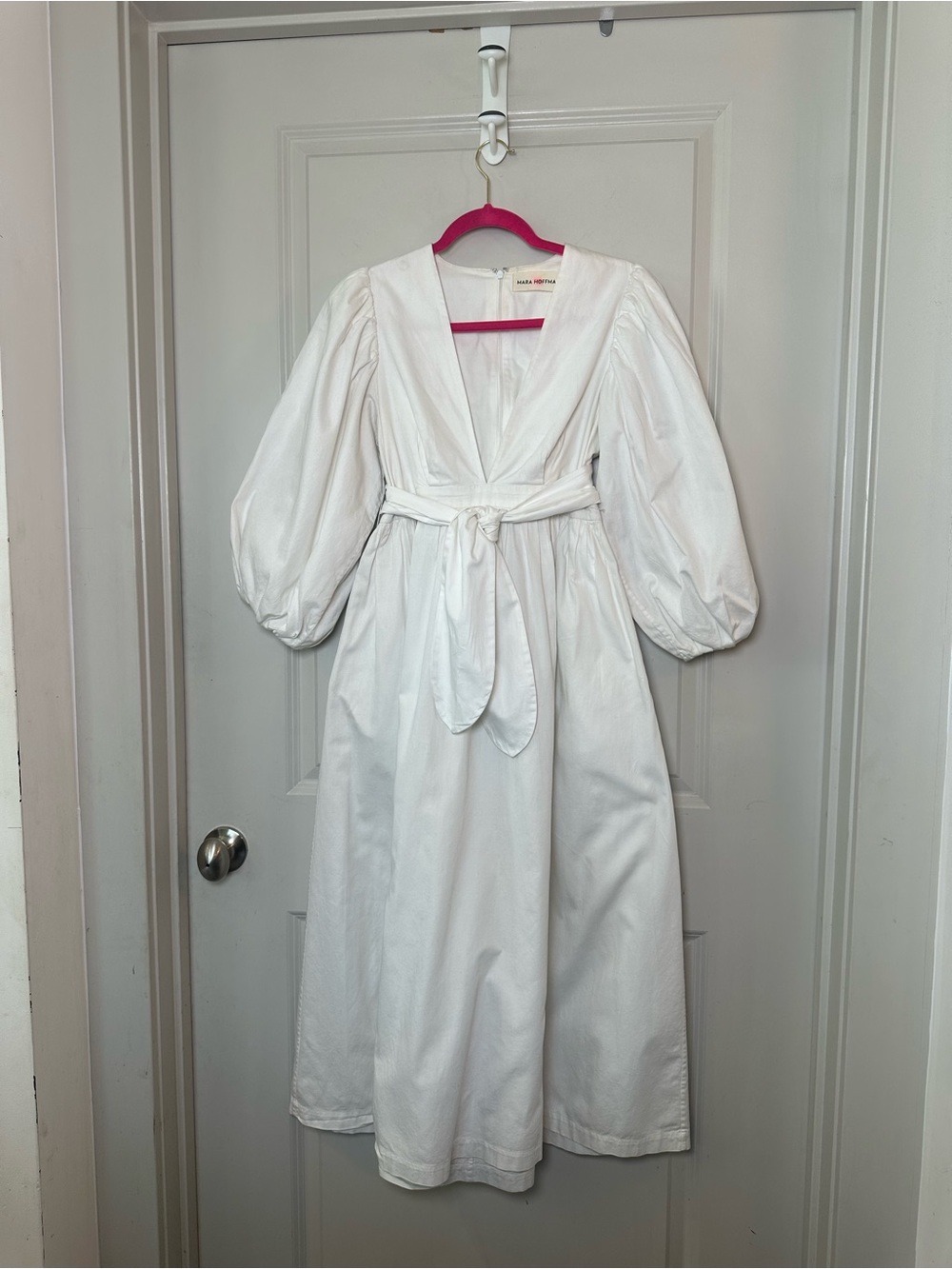 Mara Hoffman Maise Cotton Belted Deep V Puff Sleeves White Minimalist Dress, S - Picture 10 of 10